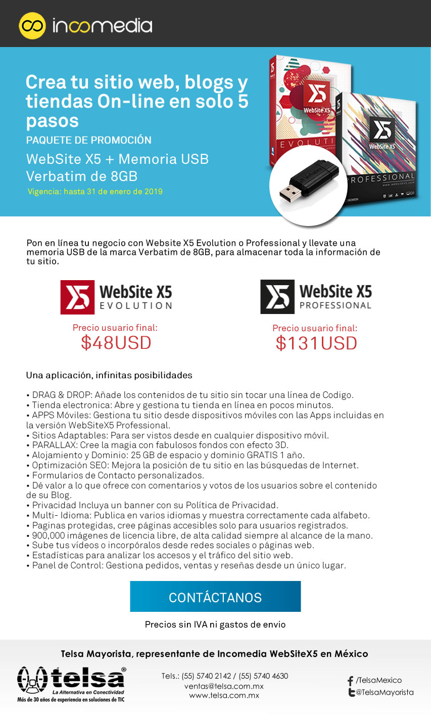 Paquete de promoción WebSite X5 + Memoria USB a precio especial, ¡Contáctanos!